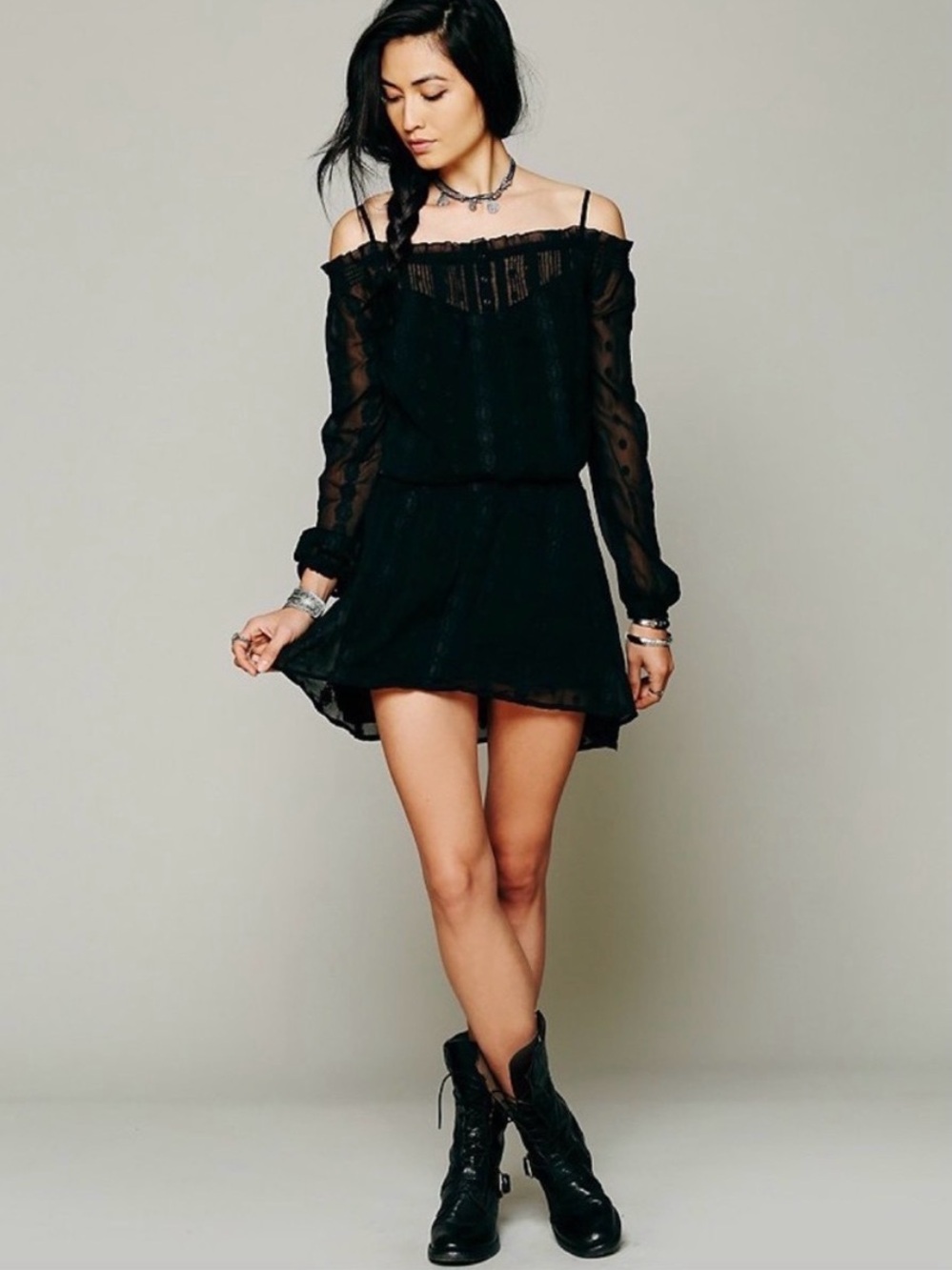 Free People Juliet Off-Shoulder Black Lace Mini Dress